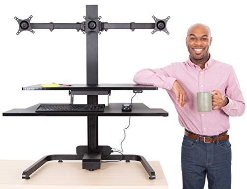 Stand Steady Techtonic | Electric 3 Arm Monitor Mount Standing Desk | Stand Up Desk Converter with Keyboard Tray Supports 3 Screens | Easy & Quiet Sit to Stand with the Push of a Button! (Black)