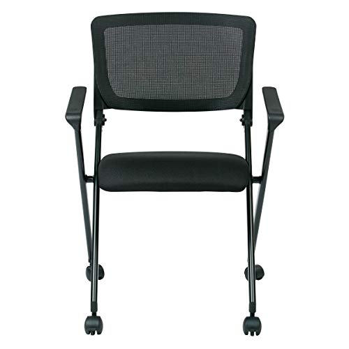 Office Star Breathable Flexible Mesh Back Folding Nesting Chair with Padded Fabric Seat and Casters, 2-Pack, Black with Black Frame