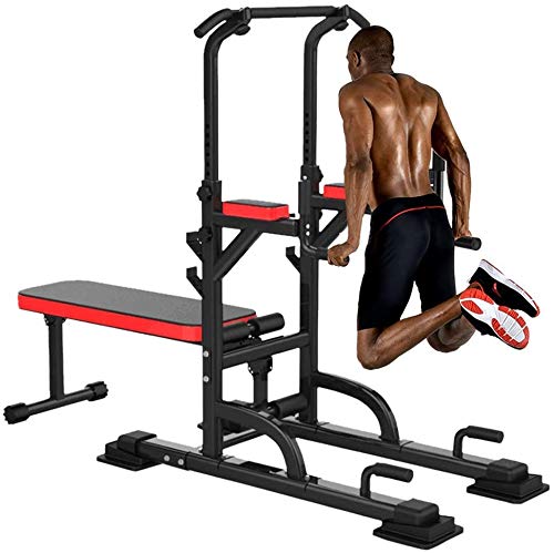 DLWDMRV Professional Home Dumbbell Bench Multi-Function Power Tower with Sit Up Bench,Adjustable Height Pull Up Tower Heavy Duty Dip Station Fitness Exercise Strength Training Workout Equipment