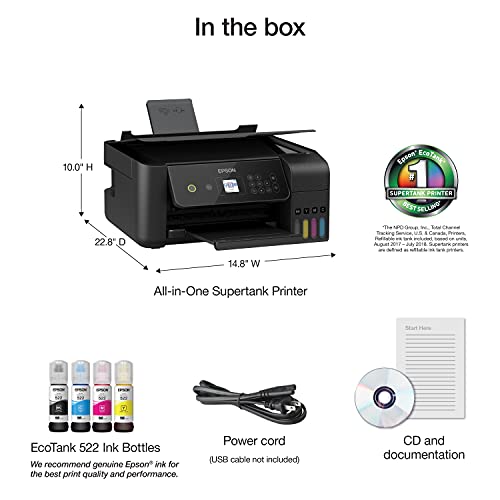 Epson EcoTank ET 2700 Series All-in-One Supertank Inkjet Printer for Cartridge-Free Home Printing, Wireless, Activated Print Print Copy Scan, 1.44" Screen, High-Speed USB (Black)