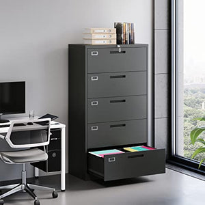 BYNSOE 5 Drawers Lateral File Cabinet with Lock - Steel Filing Storage Cabinet for Office/Home - A4 Legal/Letter Size - Assembly Required