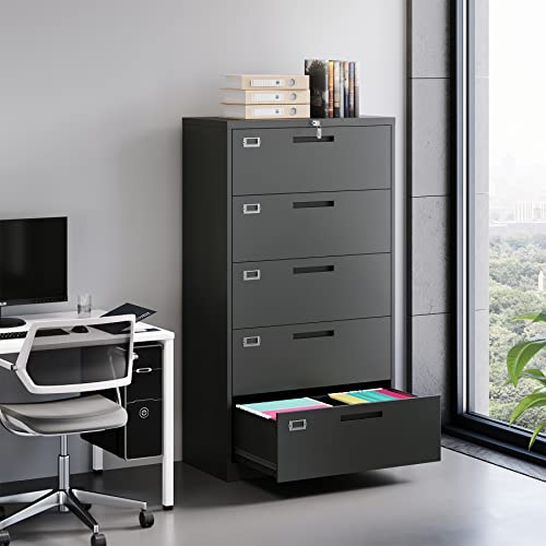 BYNSOE 5 Drawers Lateral File Cabinet with Lock - Steel Filing Storage Cabinet for Office/Home - A4 Legal/Letter Size - Assembly Required