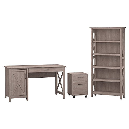 Bush Furniture Key West 54W Computer Desk with Storage, 2 Drawer Mobile File Cabinet and 5 Shelf Bookcase in Washed Gray