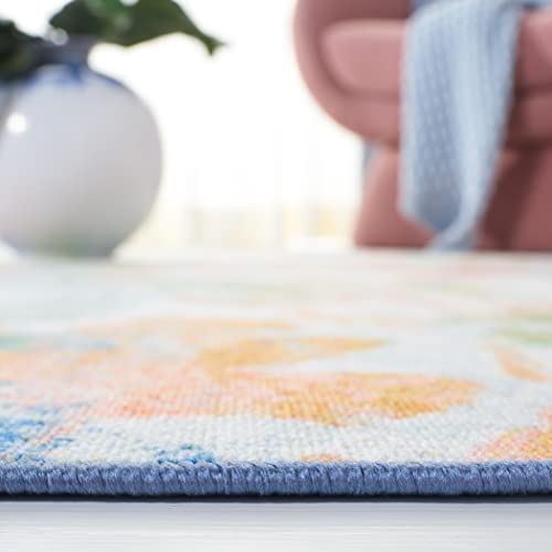 SAFAVIEH Paint Brush Collection PTB157N Watercolor Floral Distressed Machine Washable Non-Shedding Living Room Dining Bedroom Area Rug, 7'9" x 10', Navy/Orange