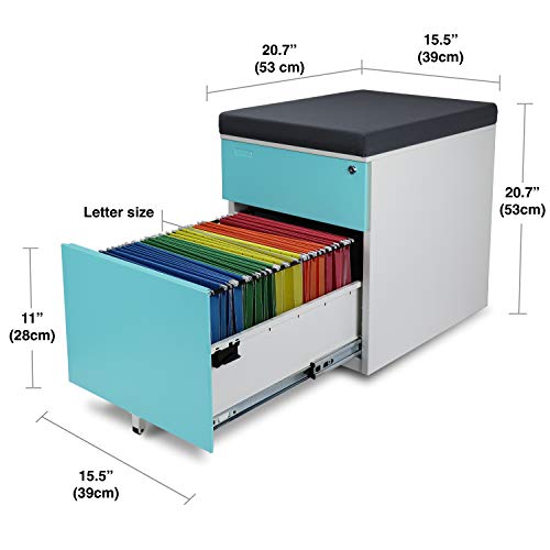 Aurora Mobile File Cabinet 2-Drawer Metal with Comfort Seat Cushion, Lock Key - White/Aqua Blue