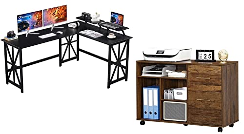 GreenForest Large L Shaped Computer Desk with 2 Removable Shelves with File Cabinet with Drawer Printer Stand with Open Storage Shelves