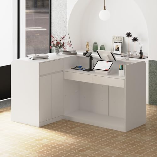 FAMAPY L-Shaped Reception Desk with Drawers, Shelves, Cabinet - White (70.9” x 47.2” x 39.4”)