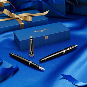 Waterman Expert Fountain Pen, Matte Black with Chrome Trim, Fine Nib with Blue Ink Cartridge, Gift Box