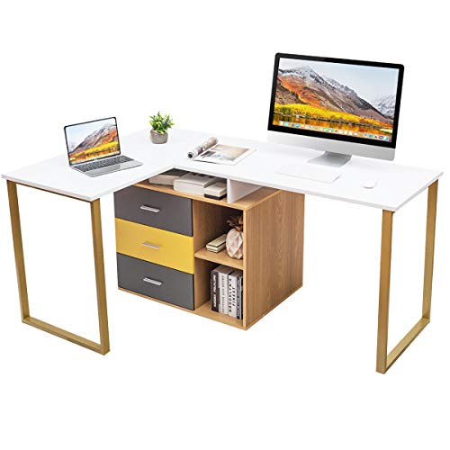 Tangkula 87 inch 2-Person Desk Double Computer Desk, Multifunction L-Shaped Desk w/ 3 Storage Drawers & 2-Tier Shelves, Writing Desk Computer Workstation with Spacious Desktop, Home Office Desk