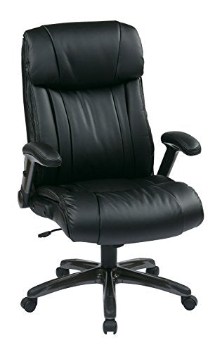 Office Star High Back Bonded Leather Executives Chair with Padded Flip Arms and Titanium Coated Accents, Black