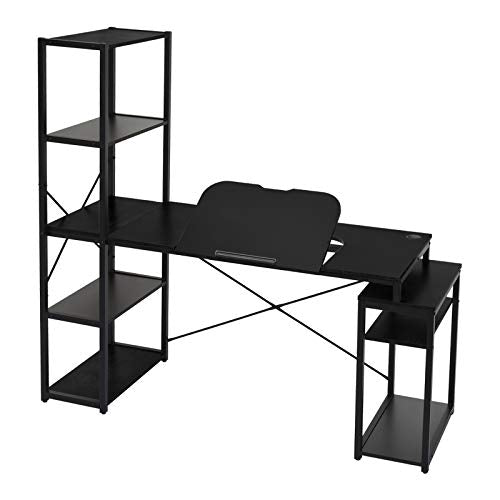 Computer Desk with 5-Tier Shelves, 3 in 1 Bookshelf, Computer Desk, and Main Frame, 47.2" Drafting Drawing Table with 60° Tiltable Tabletop, PC Laptop Table Study Workstation for Home Office (Black)