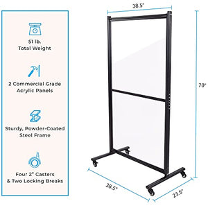 Stand Steady Mobile Plastic Room Divider | Clear Acrylic Sneeze Guard with Wheels | Large Portable Separation Panel | Social Distancing Barrier for Office, School, Gym, & Restaurant