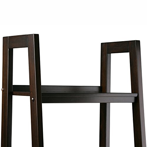 Simpli Home 3AXCSAW-06-BR Sawhorse Solid Wood 72 inch x 24 inch Modern Industrial Ladder Shelf with Storage in Dark Chestnut Brown