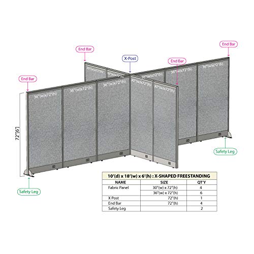 GOF Freestanding X-Shaped Office Partition, Large Fabric Room Divider Panel - 120"D x 216"W x 48"H