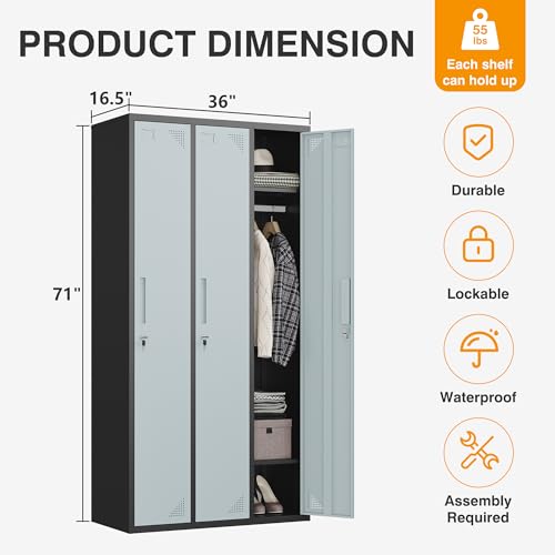 STANI Metal Lockers with Shelves and Lock, 71" Tall Steel Storage Cabinet (Black Grey, 3 Doors)