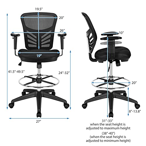 Mesh Drafting Chair with Adjustable Armrests & Footrest - Black