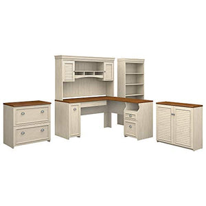 Bush Furniture Fairview L Shaped Desk with Hutch, File Cabinet, Bookcase, and Storage, 60W, Antique White