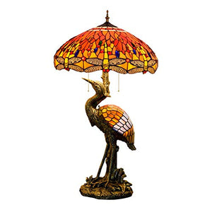 Xiaochen Antique Tiffany Style Male Bird Desk Lamp 20" - Crimson Dragonfly Glass Lampshade for Living Room Study Bedroom