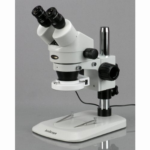 AmScope SM-1BN-64S Professional Binocular Stereo Zoom Microscope, WH10x Eyepieces, 7X-45X Magnification, 0.7X-4.5X Zoom Objective, 64-Bulb LED Ring Light, Pillar Stand, 110V-240V