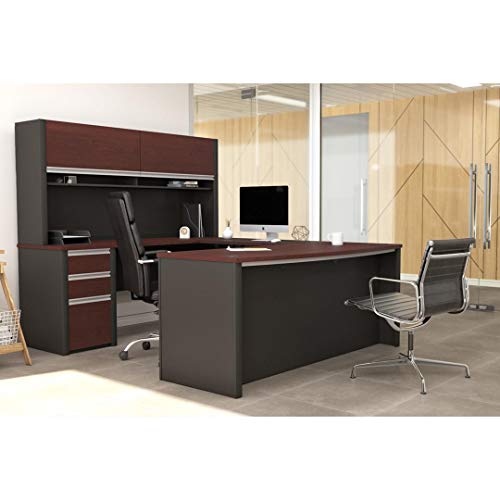Bestar Connexion U-Shaped Workstation with Three Drawers, Bordeaux/Slate