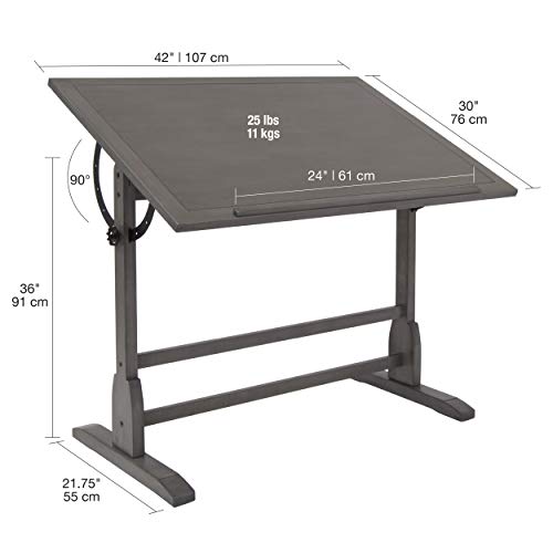 SD STUDIO DESIGNS Vintage Solid Wood Drawing 42" x 30" Angle Adjustable Top Drafting Table, Large, Slate Gray