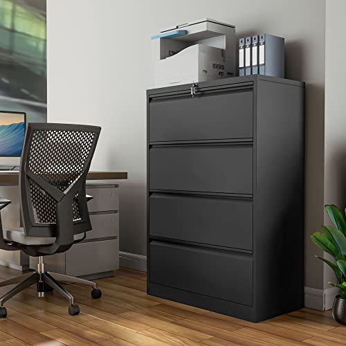 YITAHOME 4 Drawer Metal Lateral Filing Cabinet with Lock, Black - Legal/Letter A4 Size