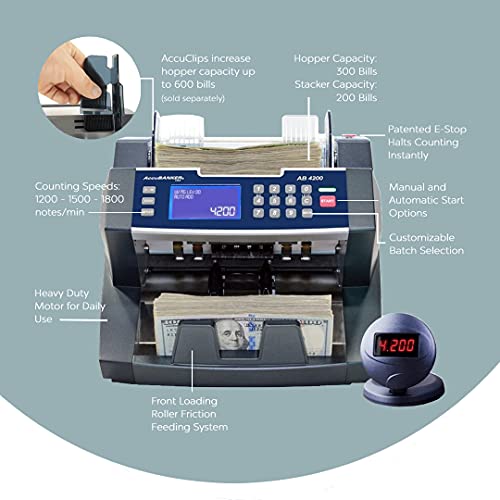 AccuBANKER AB4200 Basic Bank Grade Bill Counter, 300 Bills Hopper Capacity, 200 Bills Stacker Capacity, Variable Counting Speeds up to 1,800 Bills/min & Emergency Stop Function