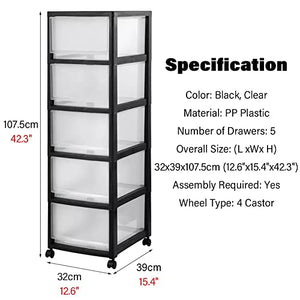 WAHHWF Tall Plastic Drawers Storage Cabinet Cart - Rolling Trolley with Clear Drawers and Wheels (Black, 5 Tier)
