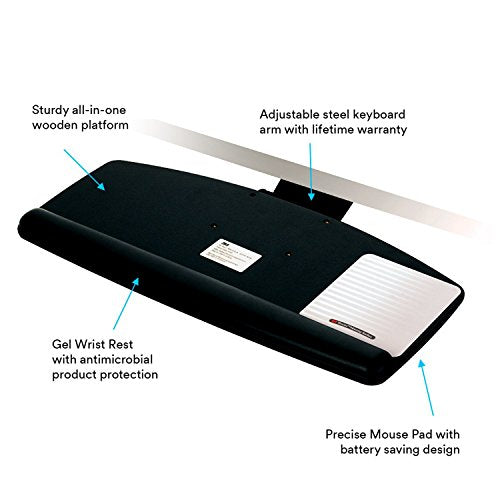 3M Keyboard Tray, Simply Turn Knob to Adjust Height and Tilt, Sturdy Tray Includes Gel Wrist Rest and Precise Mouse Pad, Swivels Side to Side and Stores Under Desk, 17" Track, Black (AKT60LE)
