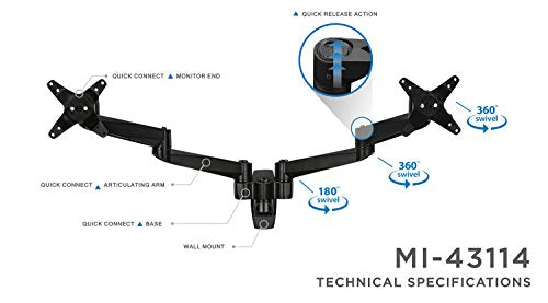 Mount-It! Dual Full Motion Monitor Wall Mount, Compatible with VESA 75 and 100, Fits Computer Screens 19, 20, 21, 24, 27, 30 Inches, Black (MI-43114B)