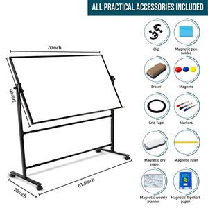 CORAV Mobile Whiteboard 70x36" - Rolling Dry Erase Board with White 360° Flippable, Double Sided Surface - Magnetic Whiteboard with Lockable Wheels - Height-Adjustable Classroom & Office Supplies