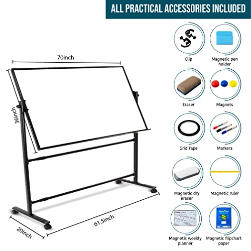 CORAV Mobile Whiteboard 70x36" - Rolling Dry Erase Board with White 360° Flippable, Double Sided Surface - Magnetic Whiteboard with Lockable Wheels - Height-Adjustable Classroom & Office Supplies