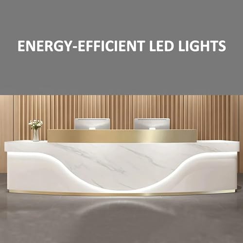 KAGUYASU Modern Curved Reception Desk with Light, Checkout Counter Hutch, Retail Counter Table, Lockable Drawer Door File Cabinet, Office Computer Front Desk (Grey + Gold Stainless Steel, 149.61")
