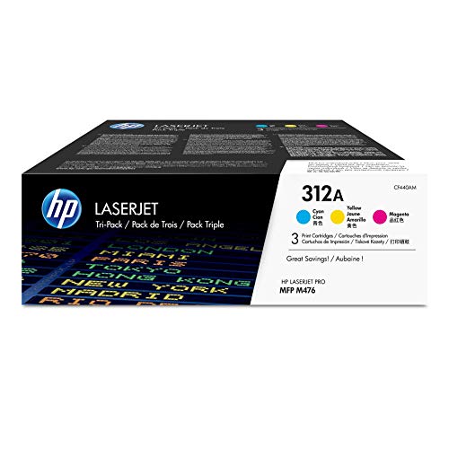 HP 312A (CF440AM) Cyan, Magenta & Yellow Toner Cartridges, 3 Cartridges (CF381A, CF382A, CF383A) for HP Color LaserJet Pro M476