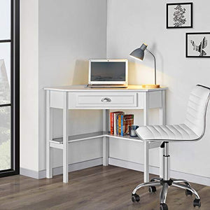 Yaheetech Corner Writing Study Desk Computer Workstation w/Drawer & Shelf + PU Leather Low Back Armless Desk Chair with/Wheels for Home Office Living Room, Office Accent Furniture Set of 2, White
