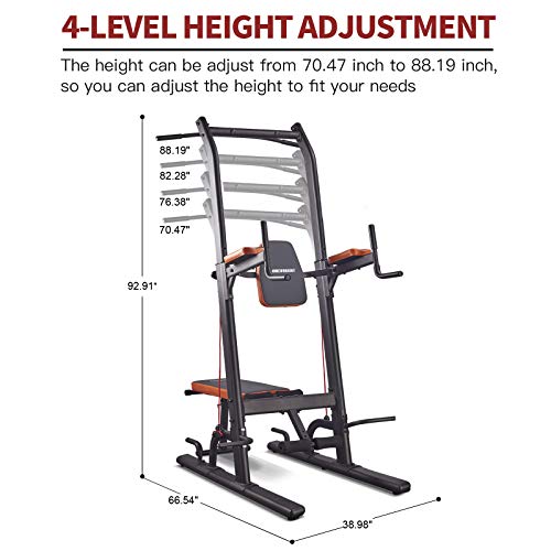 Power Tower Dip Station Multi-Function Pull Up Bar with Bench Adjustable Height Strength Training Exercise Equipment for Home Gym
