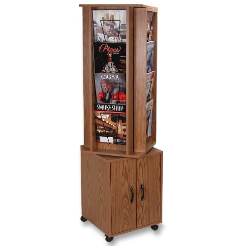 Buddy Products Rotating 16 Pocket Magazine Rack with Storage, 16.5 x 61.375 x 16.5 Inches, Medium Oak (6441-11)
