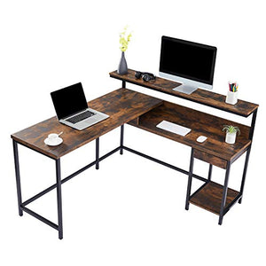 Merax L-Shaped Computer Monitor Shelf and CPU Stand, Industrial Corner Office Study Large Workstation Desk Table, 55.9" L x 55.1" W x 38" H, Tiger