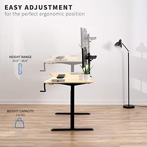 VIVO Height Adjustable Stand Up Desk, Crank System, Complete Workstation with 3 Section Light Wood Table Top, Black Frame, DESK-KIT-1MBC
