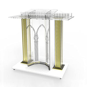 None Clear Acrylic Church Pulpit Podium with Rolling Table Top - Mobile Stand Up Desk for Churches and Classrooms