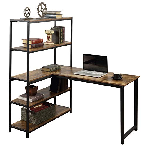 PovKeever Home Office Two Person Computer Desk with Shelves, Extra Large Double Workstations Office Desk with Storage Shelves (Brown)