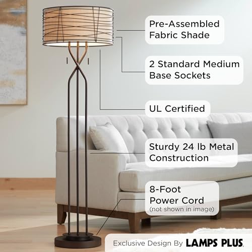 Franklin Iron Works Marlowe Industrial Rustic Farmhouse Floor Lamp - 60 1/2" Tall Bronze Woven Iron Metal Burlap Fabric Double Drum Shade