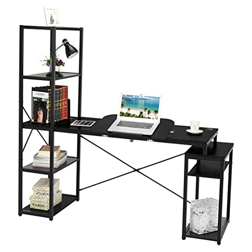 Drafting Table, Drawing Table with Adjustable Tiltable Tabletop, Multi-Function Office Desk with Storage Shelves, Large Computer Writing Desk Artist Craft Workstation for Office and Home Use (Black)