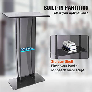 VEVOR Acrylic Podium Stand, 47" Tall, Wide Reading Surface, Storage Shelf, Floor-Standing Clear Pulpit for Church Office School, Black