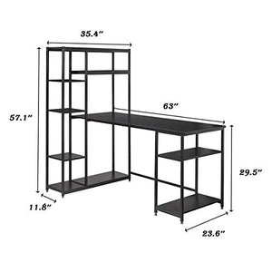 Famgizmo L-Shaped Compute Desk with Hutch, Corner Computer Desk Gaming Table Workstation with Storage Bookshelf for Home Office, Black