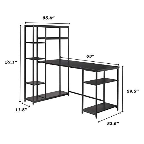 Famgizmo L-Shaped Compute Desk with Hutch, Corner Computer Desk Gaming Table Workstation with Storage Bookshelf for Home Office, Black