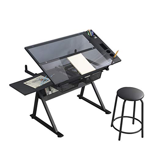 L-sister Perfect Embellishment Studio Design Folding Innovative Glass Table 40 Inch Drafting Table Craft Table Adjustable Toughened Glass Drafting and Printing Table Studio Table with Drawers Easy to