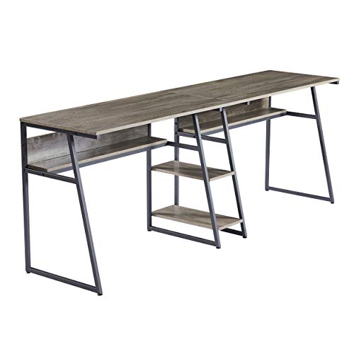 4-Tier Two Persons PC Laptop Desk Study Table with Open Storage Bookshelves for Home Office Dorm Students, Industrial Rustic Wooden Writing Table Workstation Double Desk with Steel Frame for 2 (Gray)