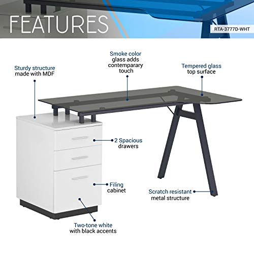 Techni Mobili Modern Smoke Tempered Glass top & Storage Home Office Computer Writing Desk Workstation with Two Cupholders and a Headphone Hook-Pine, White