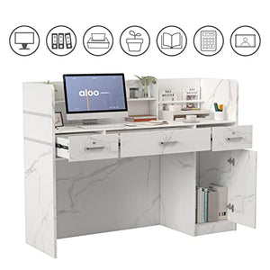 AGOTENI Reception Desk with Open Shelf & Drawers, Lockable Drawer, Marble White